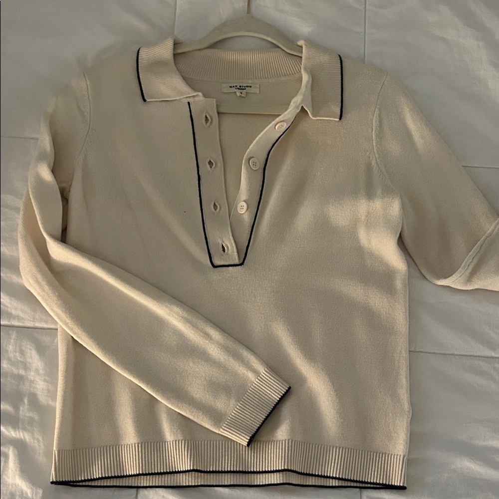 Max Studio Cream Collared Sweater with Black Trim